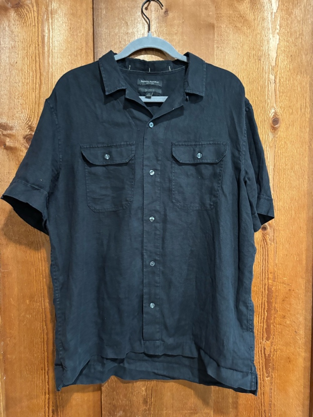 Banana Republic Men Large Black 100% Linen Short Sleeve Button Up Shirt L